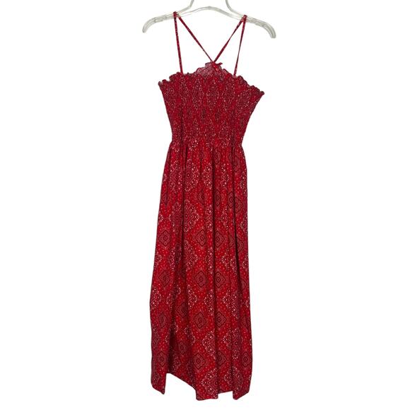 Women's Handkerchief Print Smocked Red Maxi Dress Size S/M - Picture 8 of 13